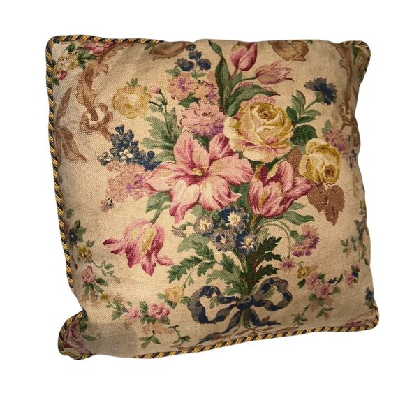 Custom Made Vintage Linen Cabbage Rose Bouquets Blue velvet 2 pillow covers 21" - Picture 4 of 5